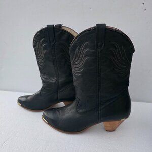 Vtg DINGO Black Golden Heel & Toe Caps Wood Heels Cowboy Mid Calf Boots 8,5N